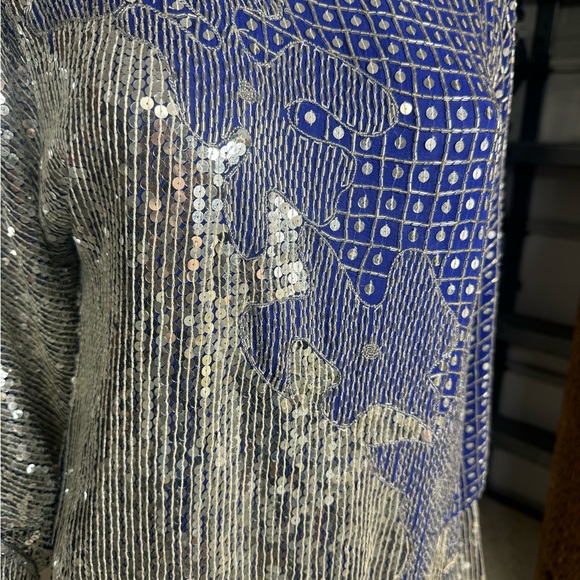 Judith Ann Creations Silk Sequin Blouse Blue Medium - Picture 3 of 12